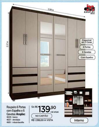 Zenir Roupeiro 6 Portas Com Espelho E 6 Gavetas Araplac oferta