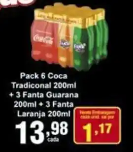 Pack 6 Coca Tradicional 200ml + 3 Fanta Guarana 200ml + 3 Fanta Laranja 200ml