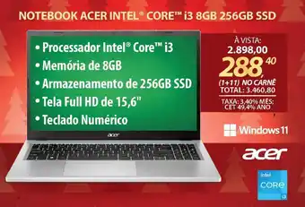 Lojas Cem NOTEBOOK ACER INTEL® CORETM i3 8GB 256GB SSD oferta
