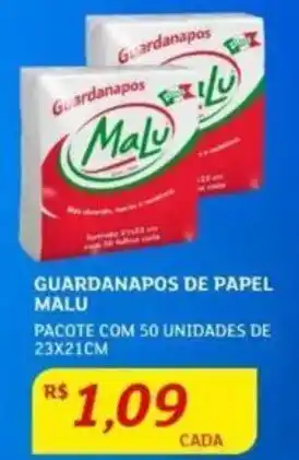 GUARDANAPOS DE PAPEL MALU PACOTE COM 50 UNIDADES DE 23X21CM