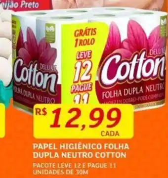 Assaí Atacadista PAPEL HIGIÊNICO FOLHA DUPLA NEUTRO COTTON PACOTE LEVE 12 E PAGUE 11 UNIDADES DE 30M oferta