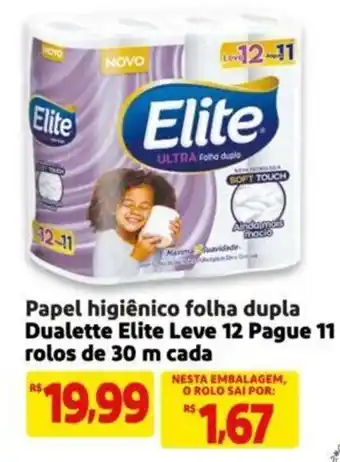 Extra Supermercado Papel higiênico folha dupla Dualette Elite Leve 12 Pague 11 rolos de 30 m cada oferta