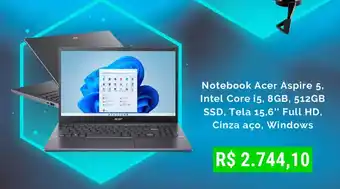 Notebook Acer Aspire 5, Intel Core i5, 8GB, 512GB SSD, Tela 15,6" Full HD, Cinza aço, Windows