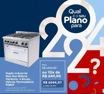 Fogão Industrial New Don Bidone Venâncio, 6 Bocas, Válvula Termostática FDB6F
