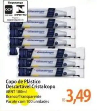 Copo de Plástico Descartável Cristalcopo ABNT 180ml Branco/Transparente Pacote com 100 unidades