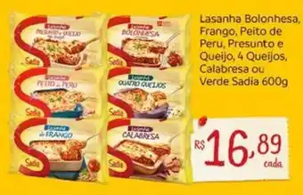 Nordestão Lasanha Bolonhesa, Frango, Peito de Peru, Presunto e Queijo, 4 Queijos, Calabresa ou Verde Sadia 600g oferta