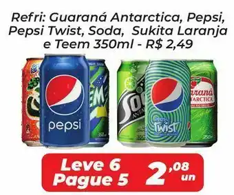 Refri: guaraná antarctica, pepsi, pepsi twist, soda, sukita laranja e teem 350ml