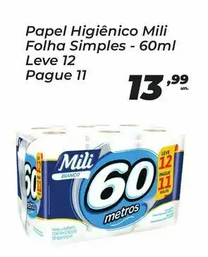 Papel higiênico mili folha simples - 60ml leve 12 pague 11