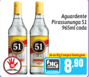 Supermercados Big Compra Aguardente Pirassununga 51 965ml cada oferta