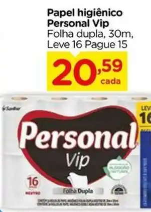 Carrefour Papel higiênico Personal Vip Folha dupla, 30m, Leve 16 Pague 15 oferta