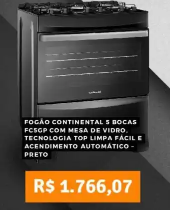 FOGÃO CONTINENTAL 5 BOCAS FC5GP COM MESA DE VIDRO, TECNOLOGIA TOP LIMPA FÁCIL E ACENDIMENTO AUTOMÁTICO - PRETO