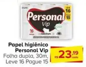 Carrefour Papel higiênico Personal Vip Folha dupla, 30m, Leve 16 Pague 15 oferta