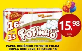 Papel Higiénico Fofinho Folha Dupla 30m Leve 16 Pague 15