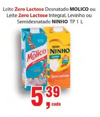 Leite Zero Lactose Desnatado Molico ou Leite Zero lactose Integral, Levinho ou Semidesnatado Ninho Tp 1L