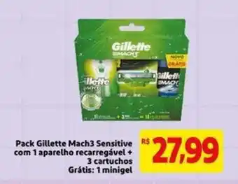Pack Gillette mach3 Sensitive com 1 aparelho recarregavel + 3 cartuchos Gratis: 1 minigel