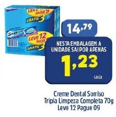 Arena Atacado Creme Dental Sorriso Tripla Limpeza Completa 70g Leve 12 Pague 09 oferta