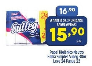 Arena Atacado Papel Higiénico Neutro Folha Simples Sulleg 30m Leve 24 Pague 22 oferta