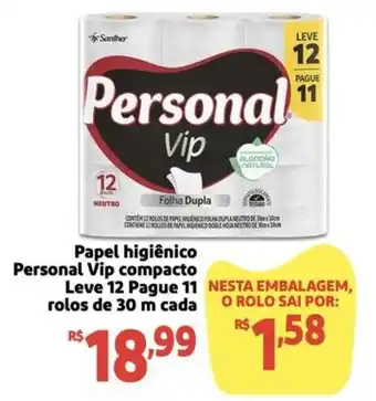 Papel higiênico Personal Vip compacto Leve 12 Pague 11 rolos de 30 m cada
