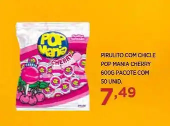 Pirulito Com Chicle Pop Mania Cherry 600g pacote com 50 unid.