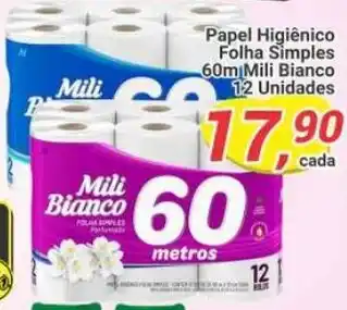 Amarelinha supermercados Papel Higiênico Folha Simples 60m Mili Bianco 12 Unidades oferta