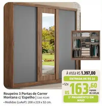 Deltasul Roupeiro 3 Portas de Correr Montana c/ Espelho | Cód: 43149 . Medidas (LxAxP): 208 x 219 x 52 cm. oferta