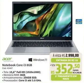 Deltasul Acer Notebook Core i3 8GB Cód: 43447 oferta