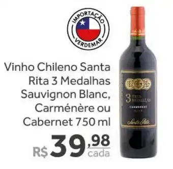 Verdemar Supermercado Vinho Chileno Santa Rita 3 Medalhas Sauvignon Blanc, Carmenere ou Cabernet 750ml oferta