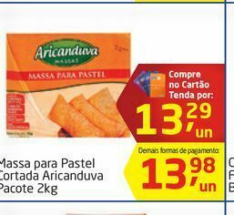 Tenda Atacado Massa para pastel cortada aricanduva pacote 2kg oferta