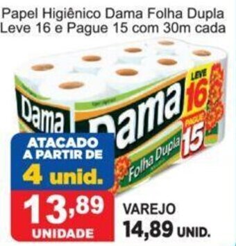 Calvo Atacadista Papel Higiénico Dama Folha Dupla Leve 16 e Pague 15 com 30m cada oferta