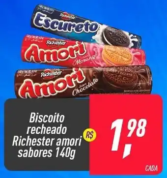 Frangolândia Biscoito Recheado Richester Amori sabores 140g oferta