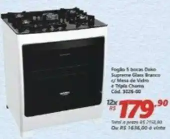 Lojas Becker Fogao 5 bocas Dako Supreme Glass Branco c/ Mesa de Vidro e Tripl Chama oferta
