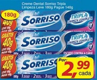 Supermercados Guanabara Creme dental Sorriso Tripla Limpeza Leve 180g pague 140g oferta