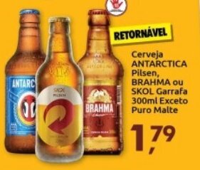 Cerveja Antarctica Pilsen, Brahma ou Skol, Garrafa 300ml exceto puro malte