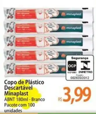 Copo de Plástico Descartável Minaplast ABNT 180ml - Branco Pacote com 100 unidades