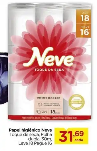 Carrefour Papel higiênico Neve Toque de seda, Folha dupla, 30m, Leve 18 Pague 16 oferta