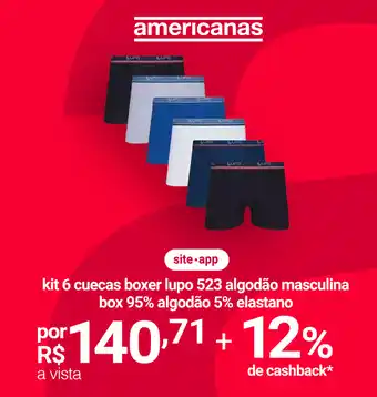 Lojas Americanas kit 6 cuecas boxer lupo 523 algodão masculina box 95% algodão 5% elastano oferta