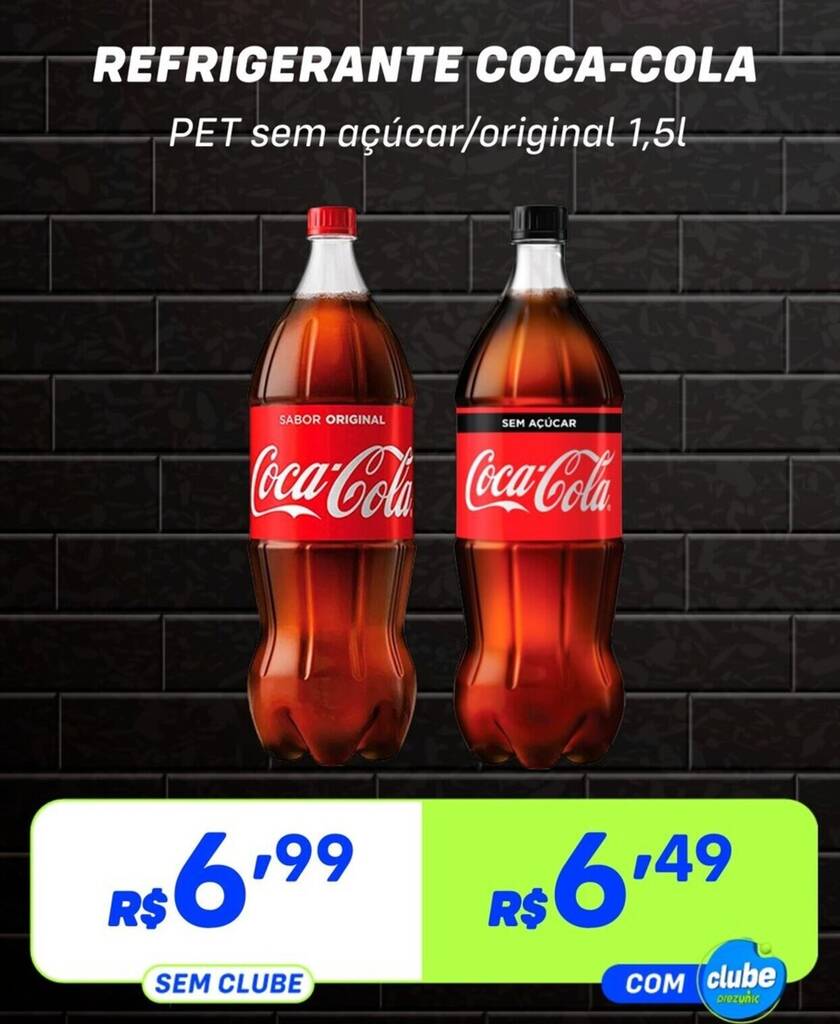 REFRIGERANTE COCA-COLA PET sem açúcar/original 1,5L oferta na Prezunic