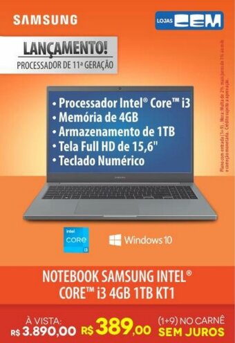 Lojas Cem Notebook Samsung Intel Core i3 4GB 1TB KT1 oferta
