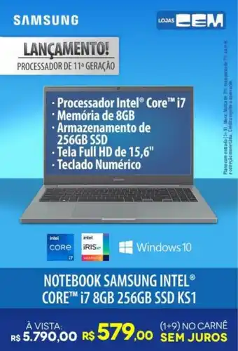 Lojas Cem Notebook Samsung Intel Core i7 8GB 256GB SSD KS1 oferta
