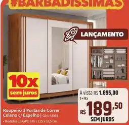 Roupeiro 3 Portas de Correr Celeno c/ Espelho | Cód: 43986