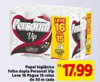 Mercado Extra Papel Higiénico Folha Dupla Personal Vip leve 16 pague 15 rolos de 30m cada oferta