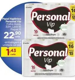 Carrefour Papel higiênico Personal Vip Folha dupla, 30m, Leve 16 Pague 15 oferta