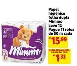 Papel higiênico folha dupla Mimmo Leve 12 Pague 11 rolos de 30 m cada