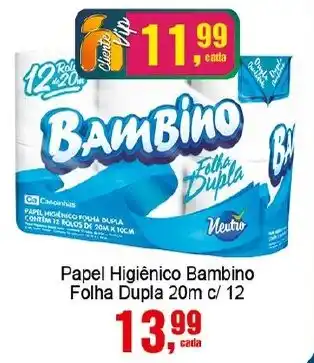 Negreiros Papel Higiênico Bambino Folha Dupla 20m c/ 12 oferta