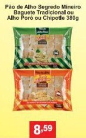 Calvo Atacadista Pao de Alho Segredo Mineiro Baguete Tradicional ou Alho Poro ou Chipotle 380g oferta