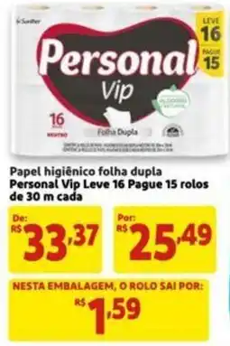 Extra Supermercado Papel higiênico folha dupla Personal Vip Leve 16 Pague 15 rolos de 30 m cada oferta