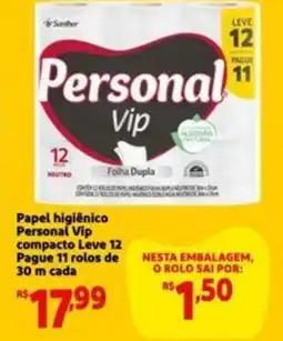 Extra Supermercado Papel higiênico Personal Vip compacto Leve 12 Pague 11 rolos de 30 m cada oferta
