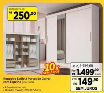 Deltasul Roupeiro Estile 2 Portas de Correr com Espelho oferta