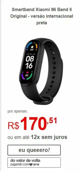 Lojas Americanas Smartband Xiaomi Mi Band 6 Original - Versao Internacional Preta oferta