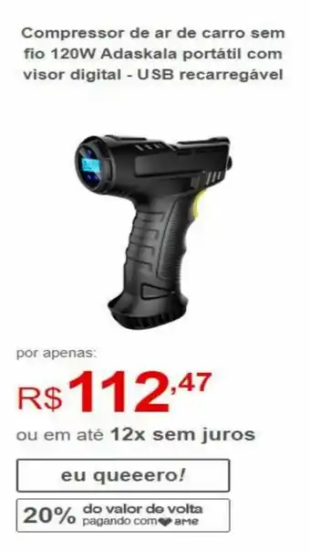 Lojas Americanas Compressor de ar de carro sem fio 120W Adaskala portatil com visor digital - USB recarregavel oferta
